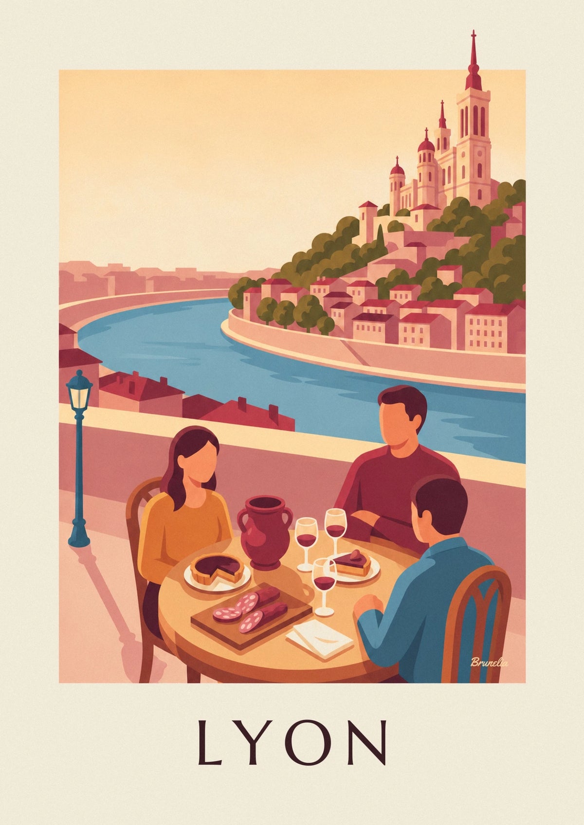 Affiche bouchon lyonnais face à la Saône et à Fourvière