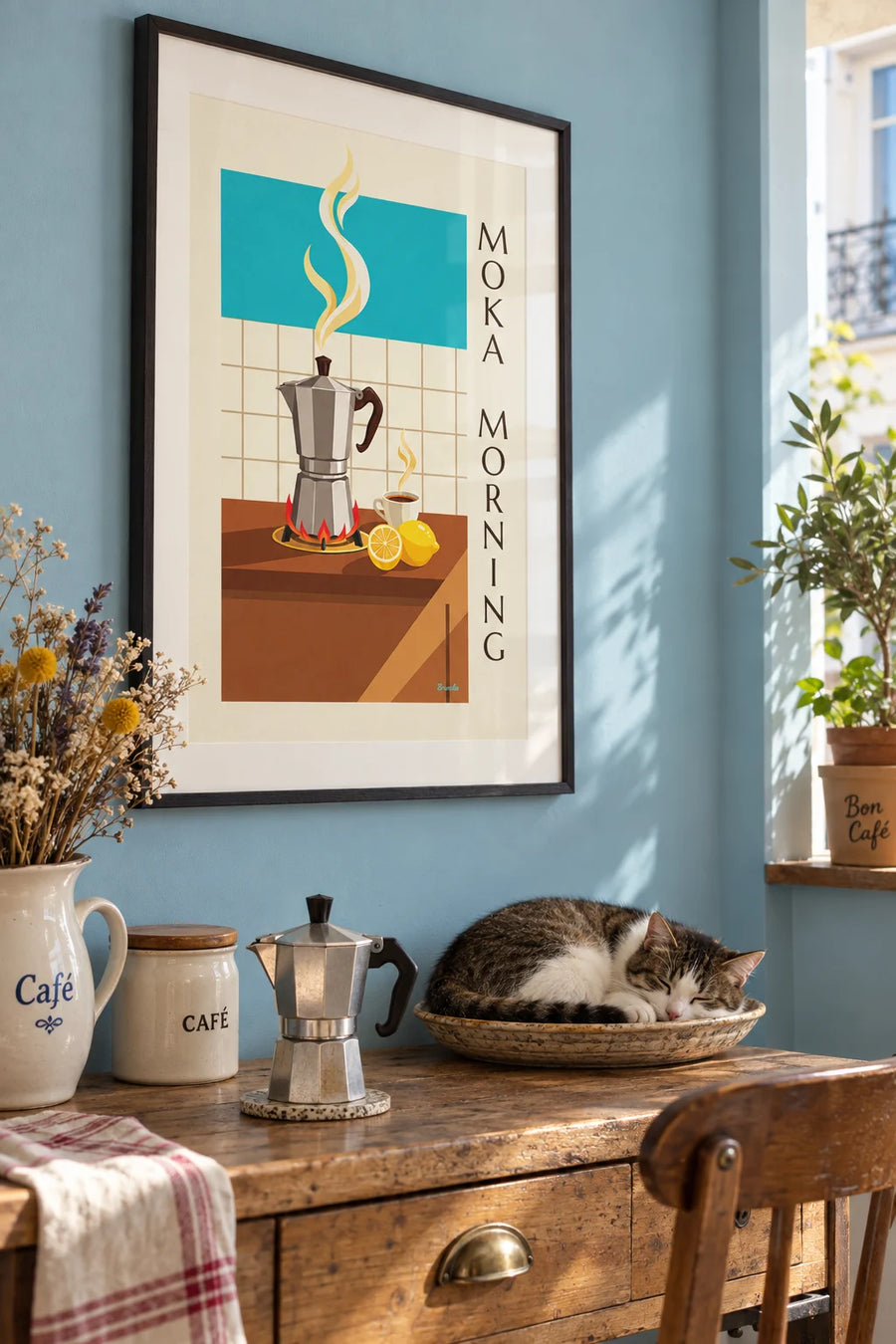Affiche cafetière italienne moka sur le feu dans une cuisine : encadrée au mur