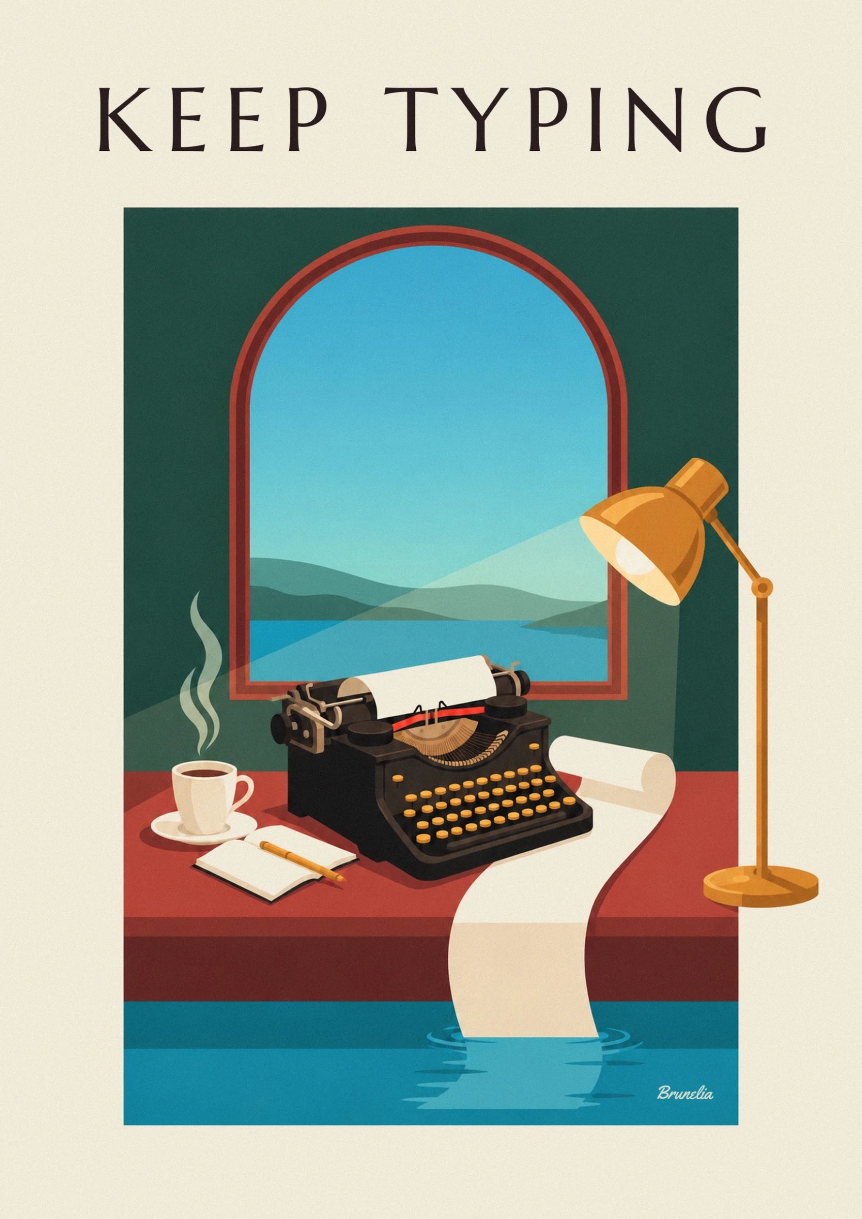 Black typewriter on a wooden desk poster: close-up detail