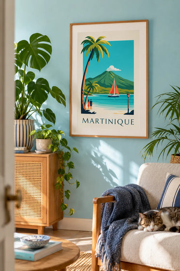 Martinique cove sailboat and Mount Pelée poster : framed on the wall