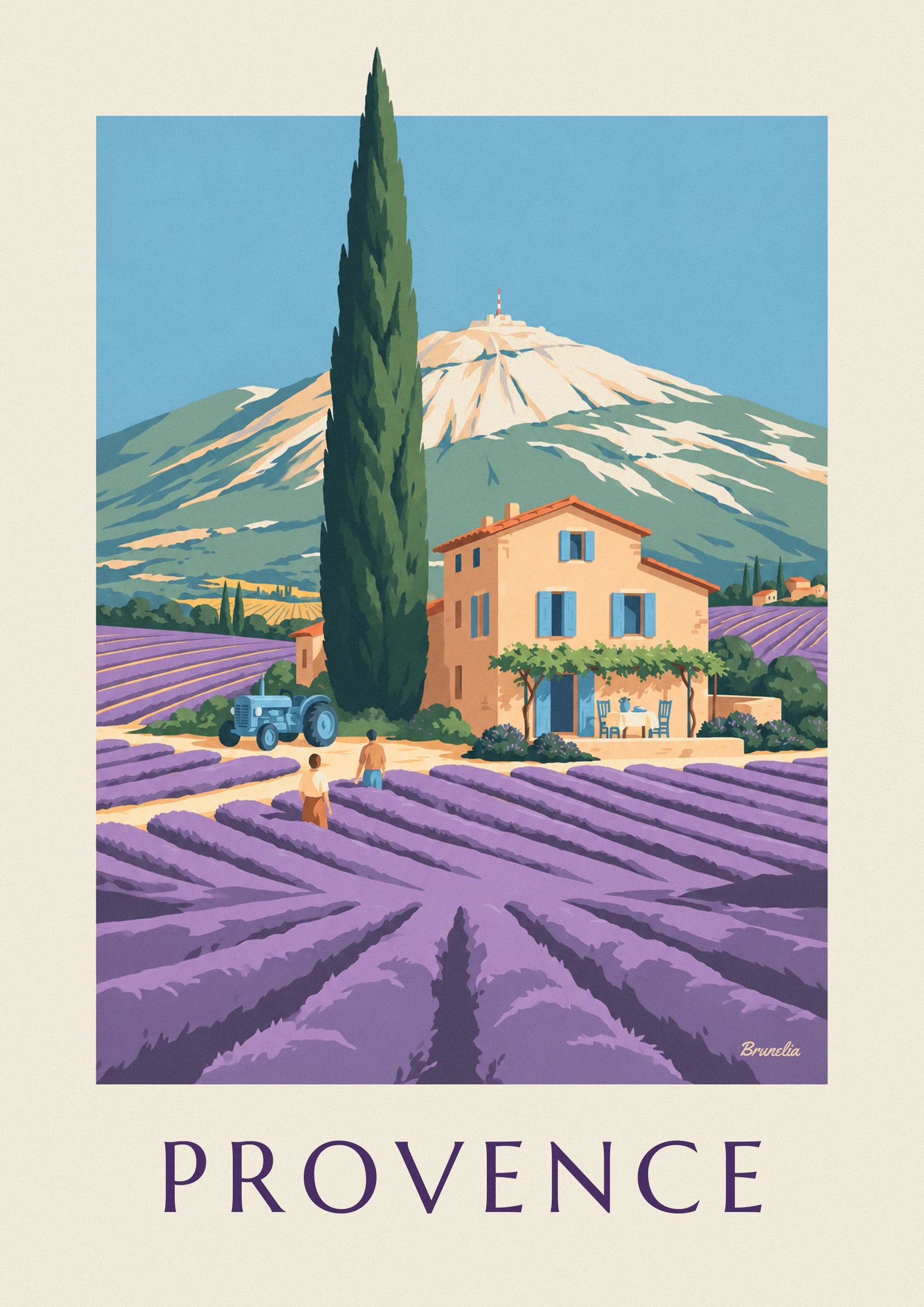 Affiche mas provençal dans les champs de lavande : détail en gros plan