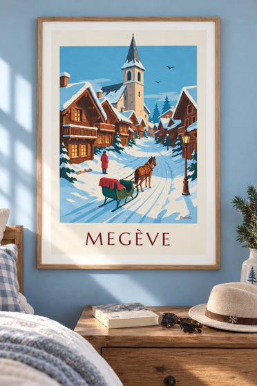 Affiche traîneau à cheval dans une rue enneigée de Megève : encadrée au mur