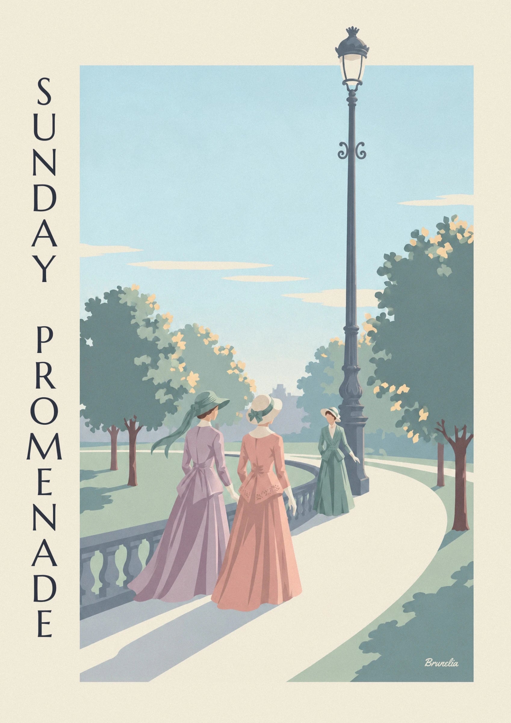 Les 2 dames en robes longues mauve et rose, coiffées de chapeaux près de la balustrade du parc