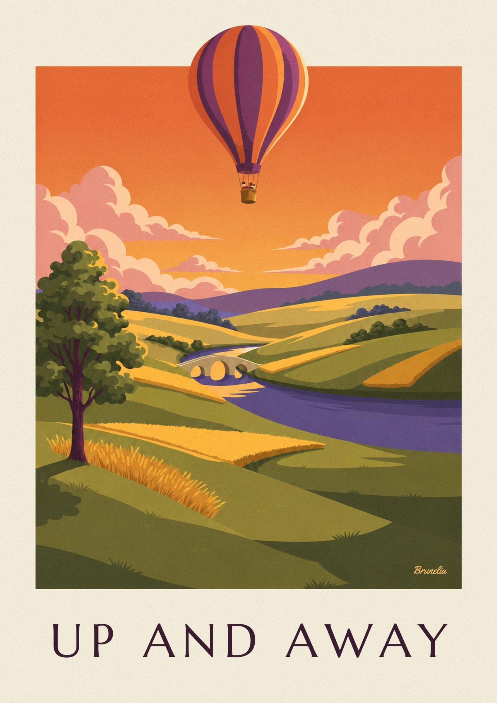 La montgolfière aux rayures orange et violettes, avec 2 passagers dans la nacelle