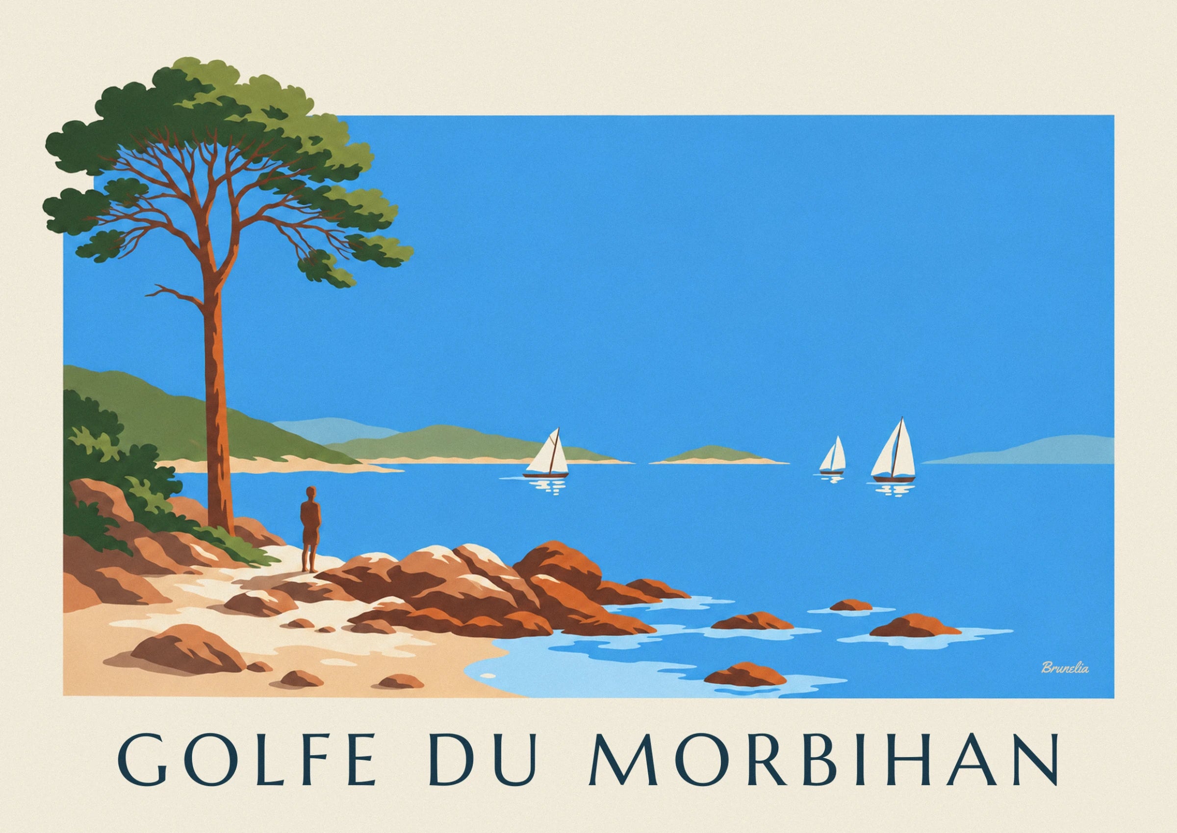 Large umbrella pine and a walker on the rocks, facing the bay