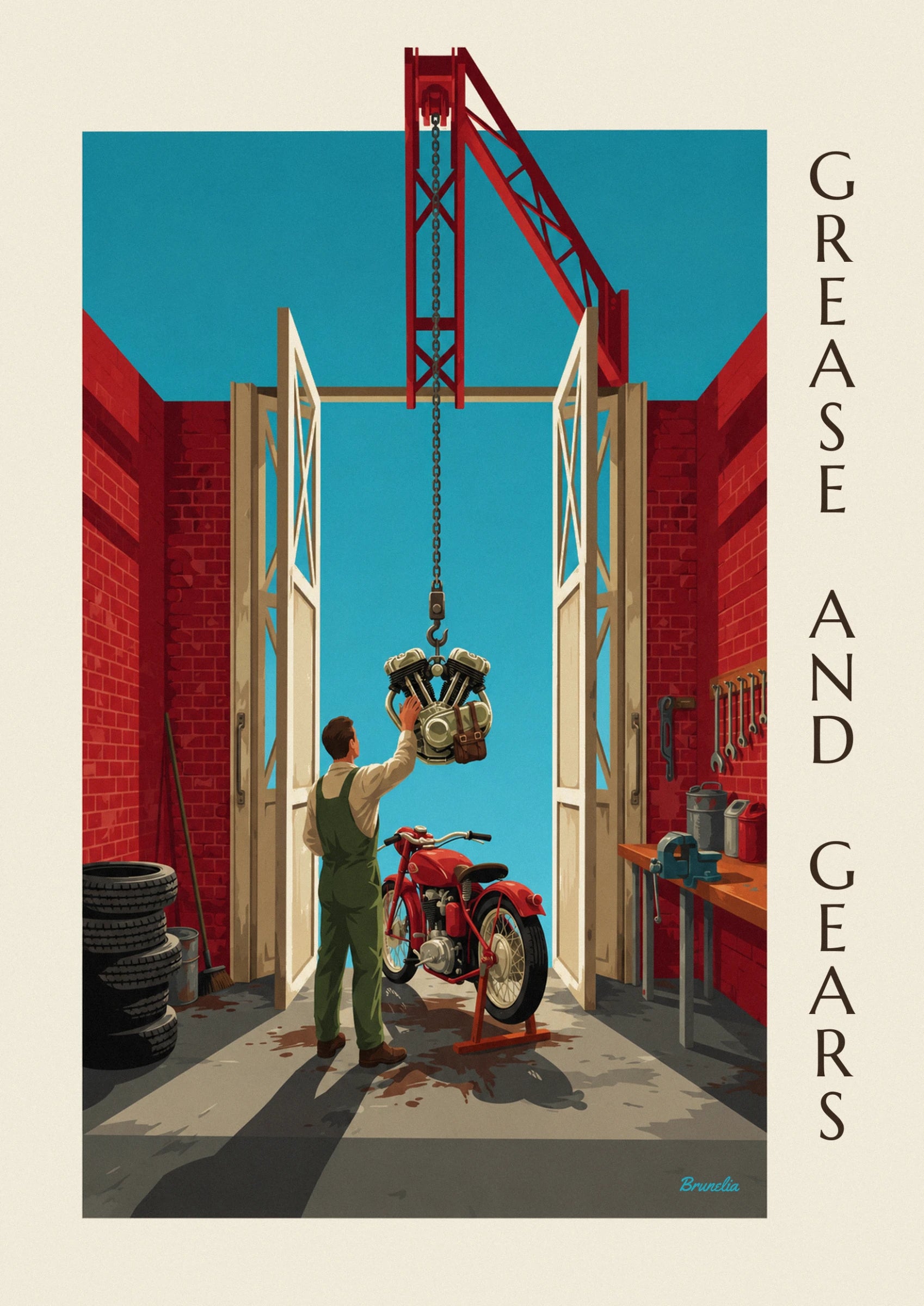 Mechanic in green dungarees touching a V-twin engine hanging from a hook, near the red motorbike