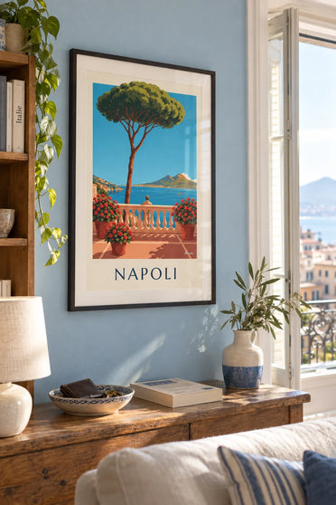 Poster of Naples, the bay and Vesuvius seen from the terrace: framed on the wall