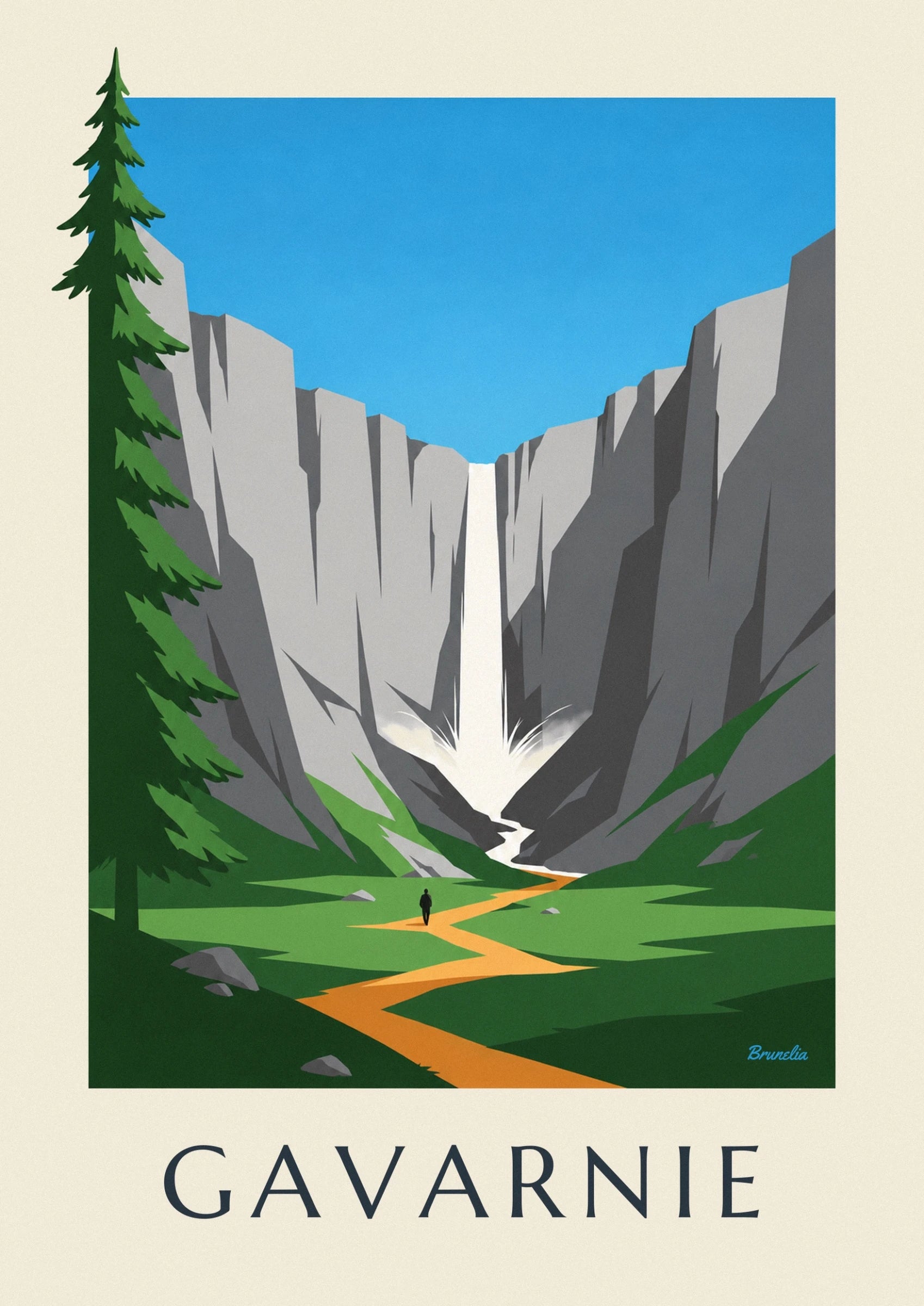 La grande cascade blanche entre les falaises grises, dans une gerbe d’écume