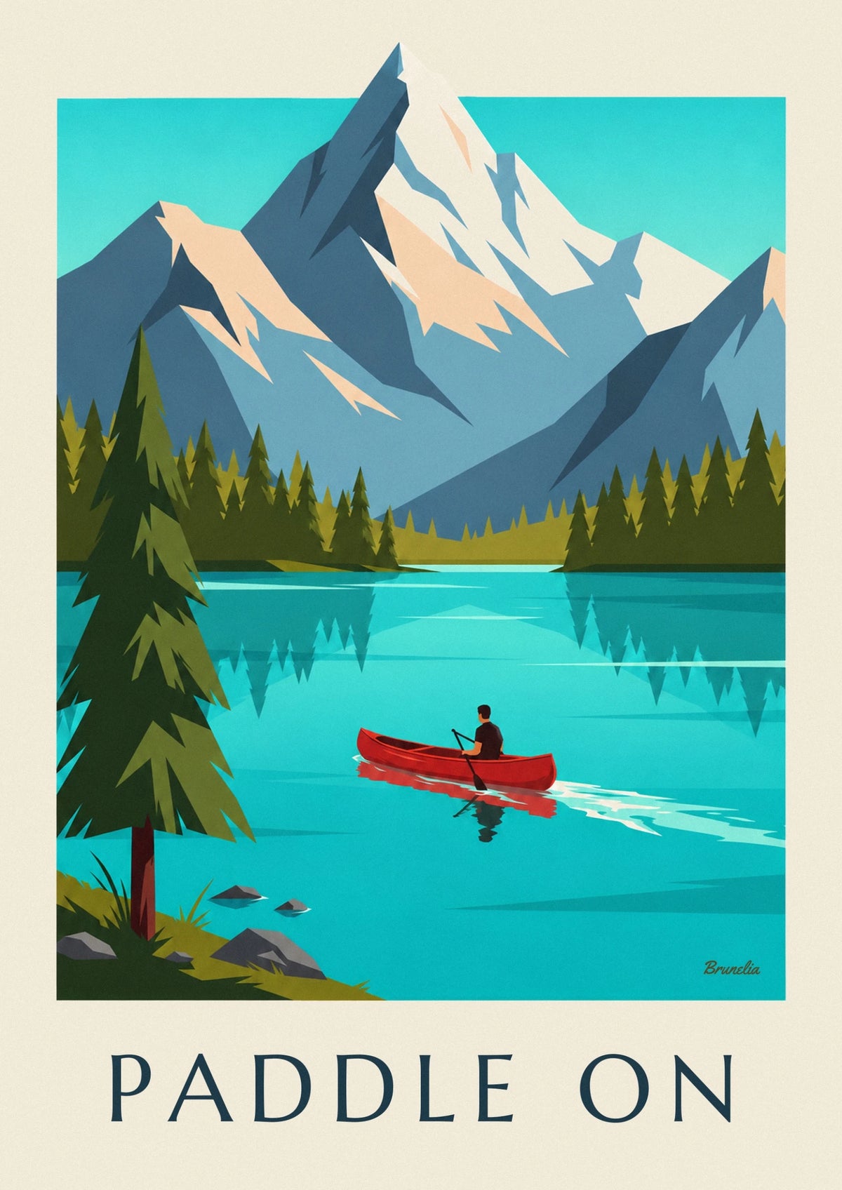 Canoe on an alpine lake with snowy mountains poster