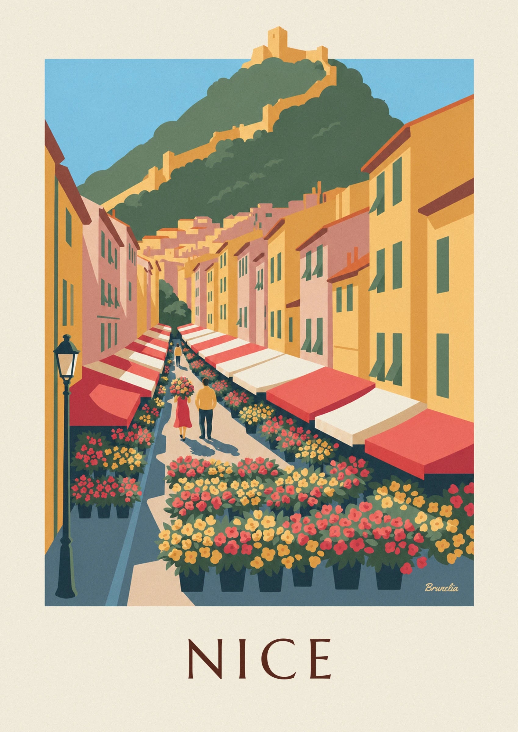 Couple walking down the aisle between stalls with red and white awnings, carrying an enormous bouquet