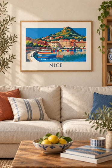 Affiche port Lympia et colline du Château à Nice : encadrée au mur