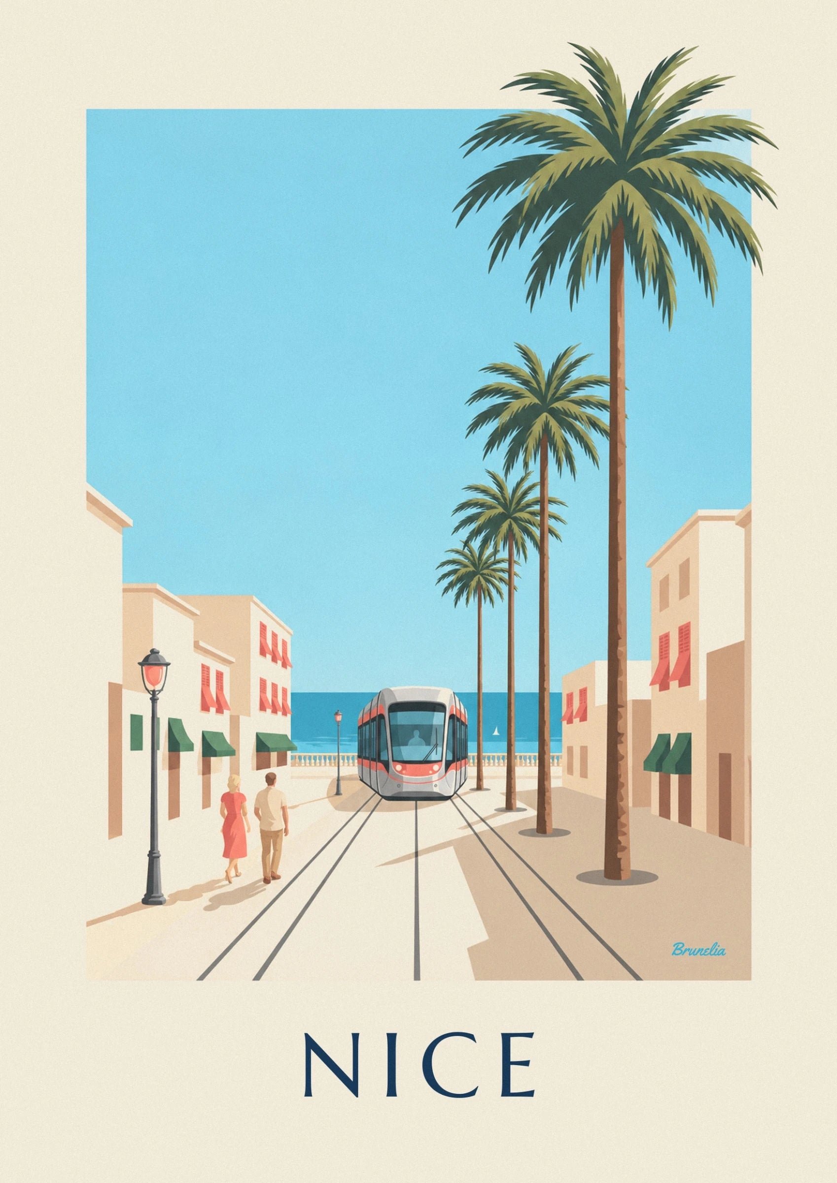 The grey and red tram on its tracks, facing the sea and a white sailing boat