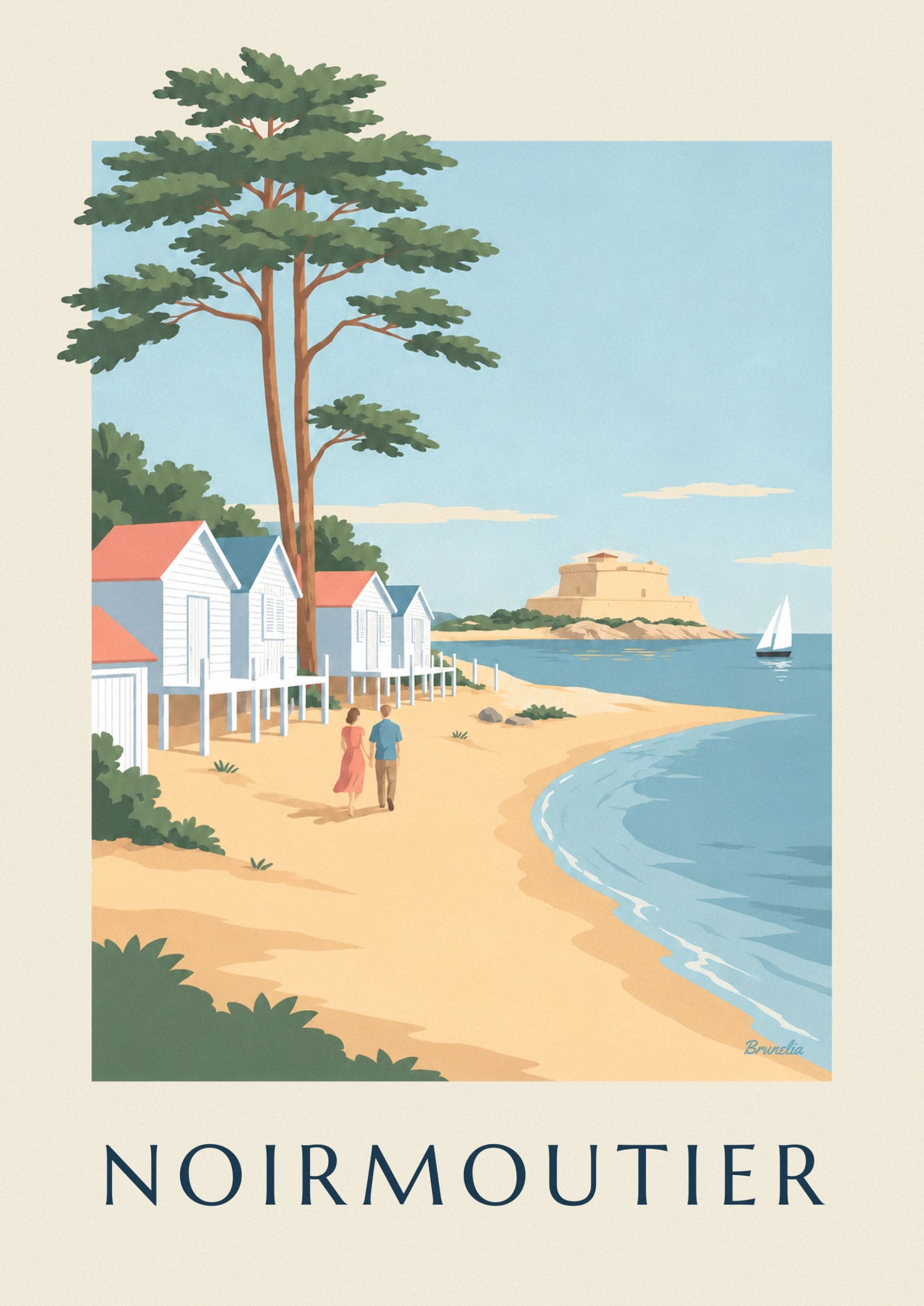 The white huts on stilts, with coral and blue roofs, among the pines