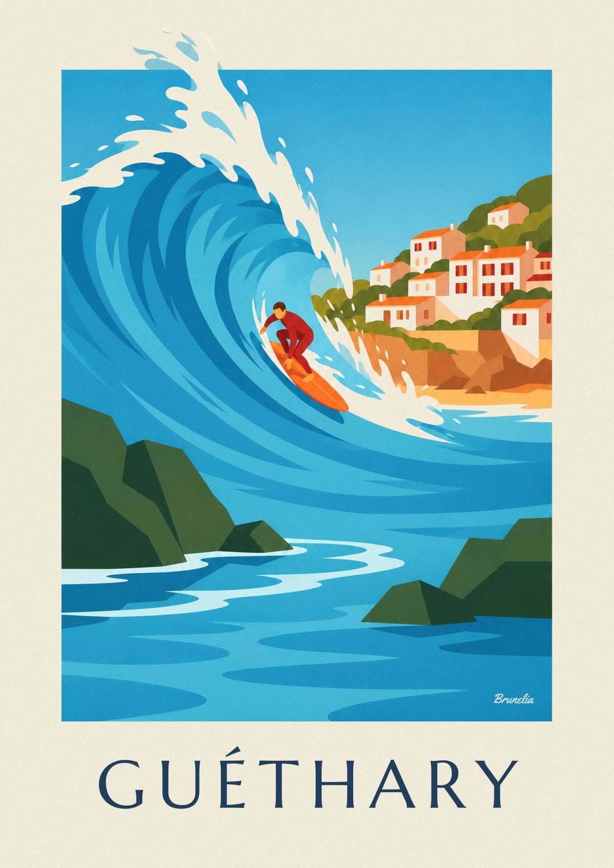 Affiche surfeur au milieu des rochers de Guéthary