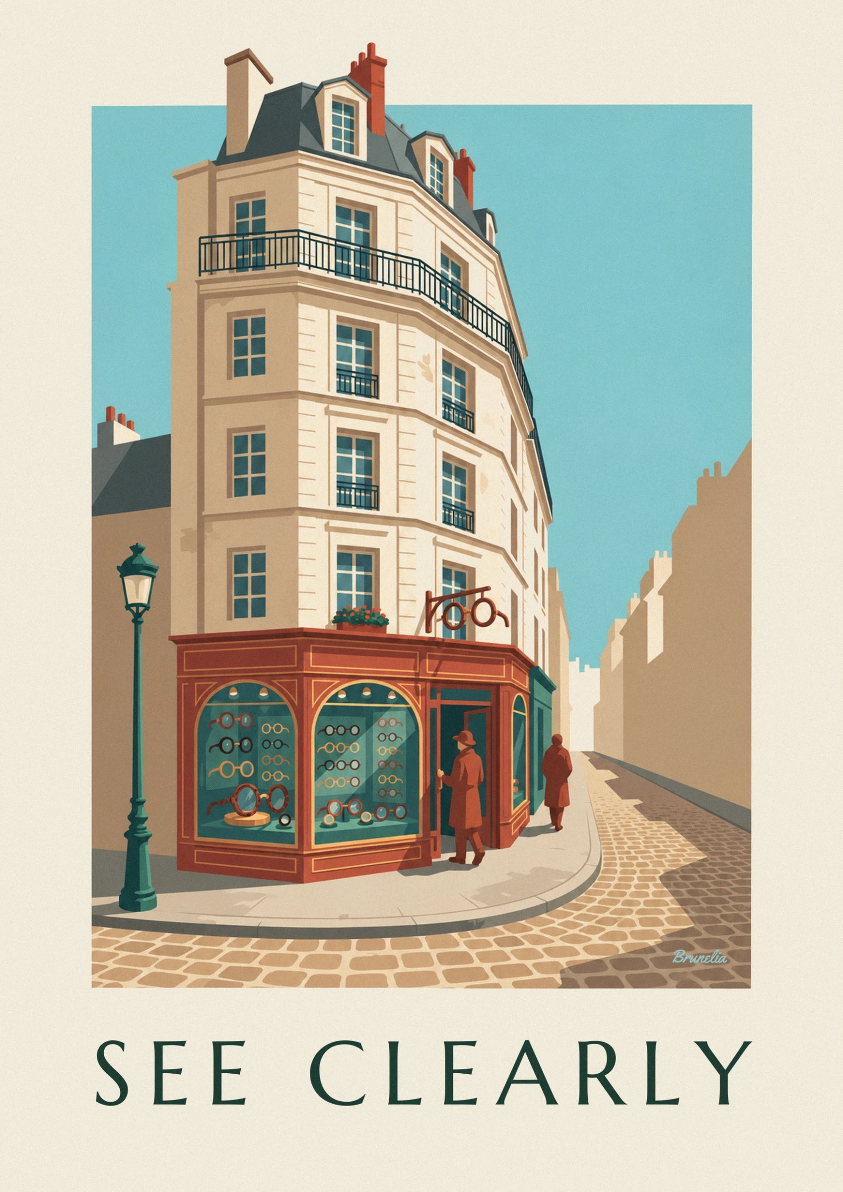 Brick-red corner shopfront with round glasses lined up against a green background, at the foot of the street lamp