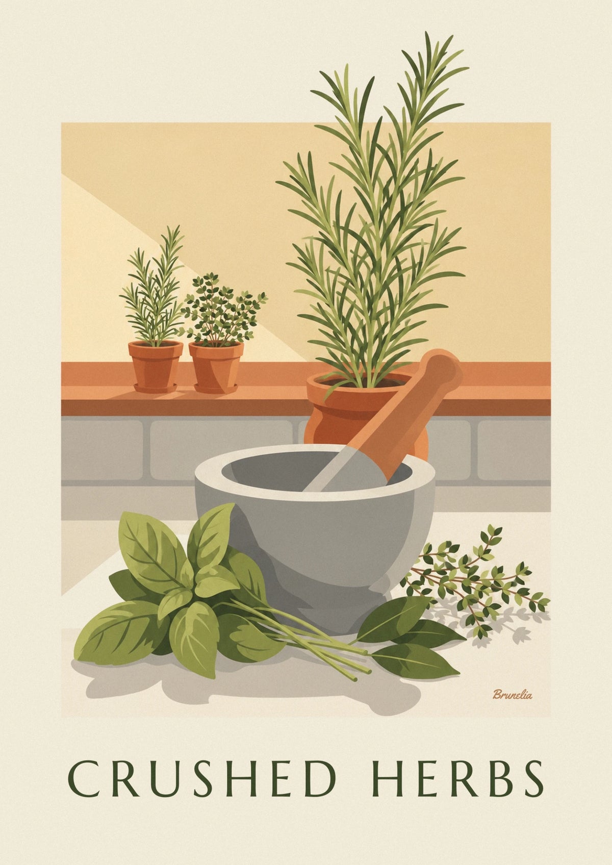 Mortar, pestle and fresh herbs poster