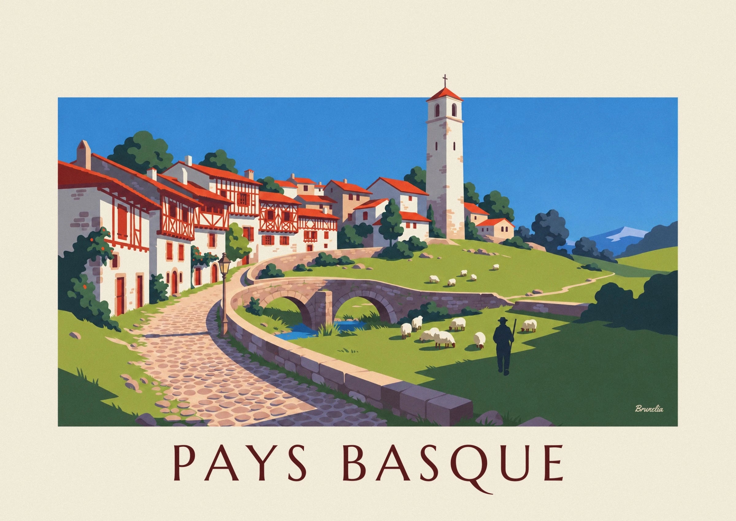 The Basque houses with red timber frames, the street lamp and the cobbled lane