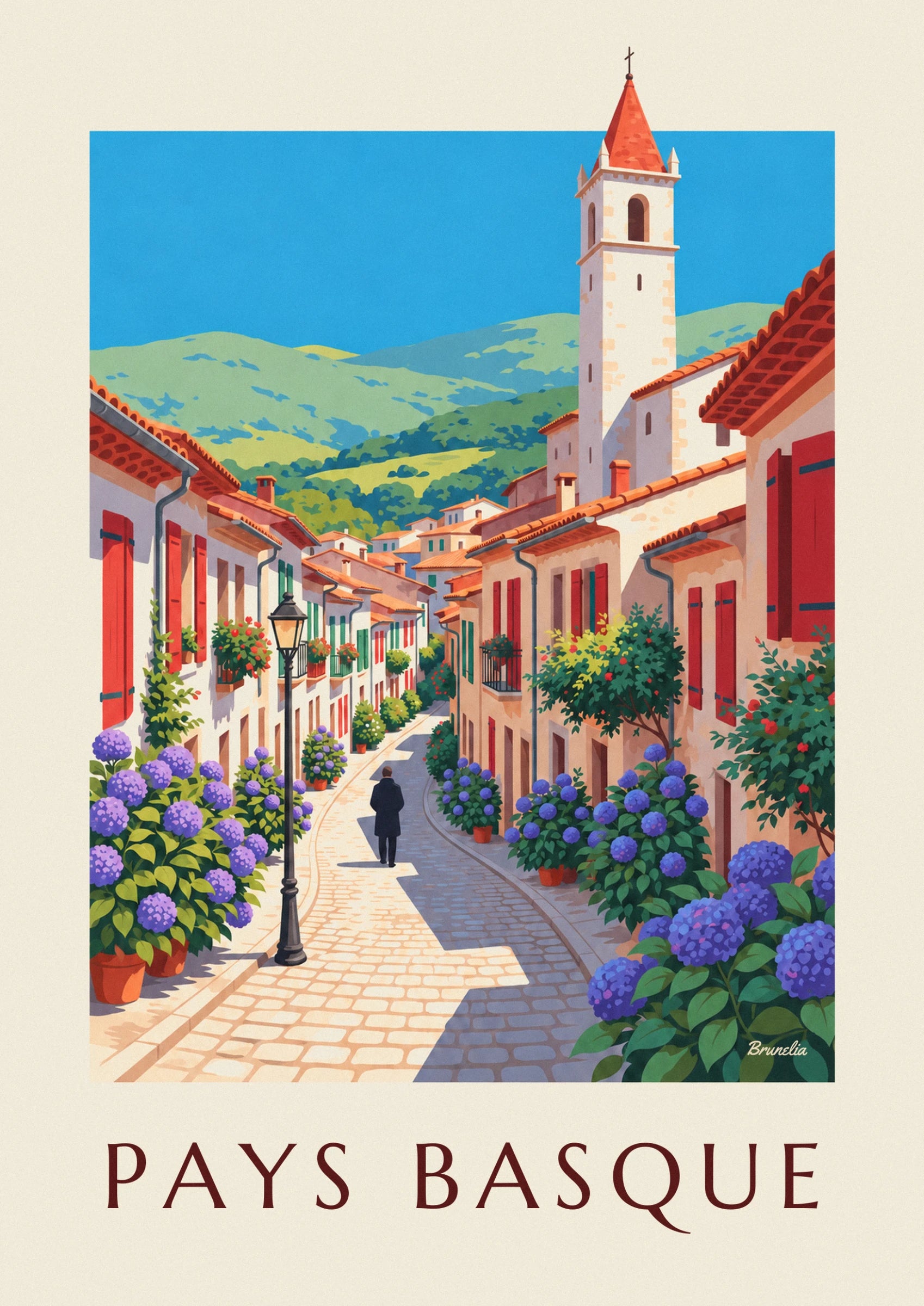 The white stone bell tower with its red tiled roof, against a backdrop of hills