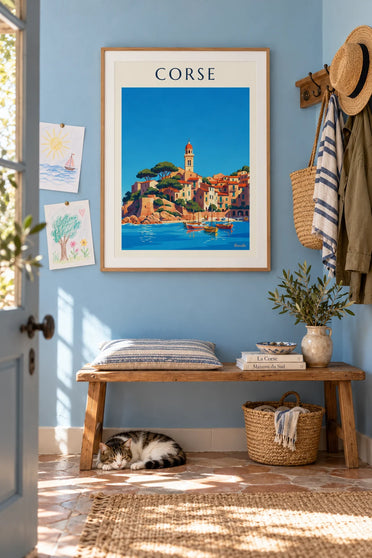 Poster of a Corsican coastal village and its little harbor on the Mediterranean: framed on the wall