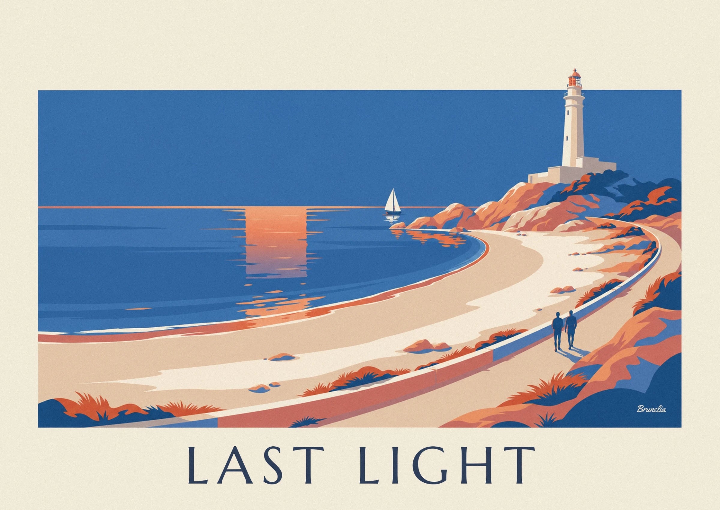 Le phare blanc et sa lanterne orangée au-dessus des rochers bleus et corail