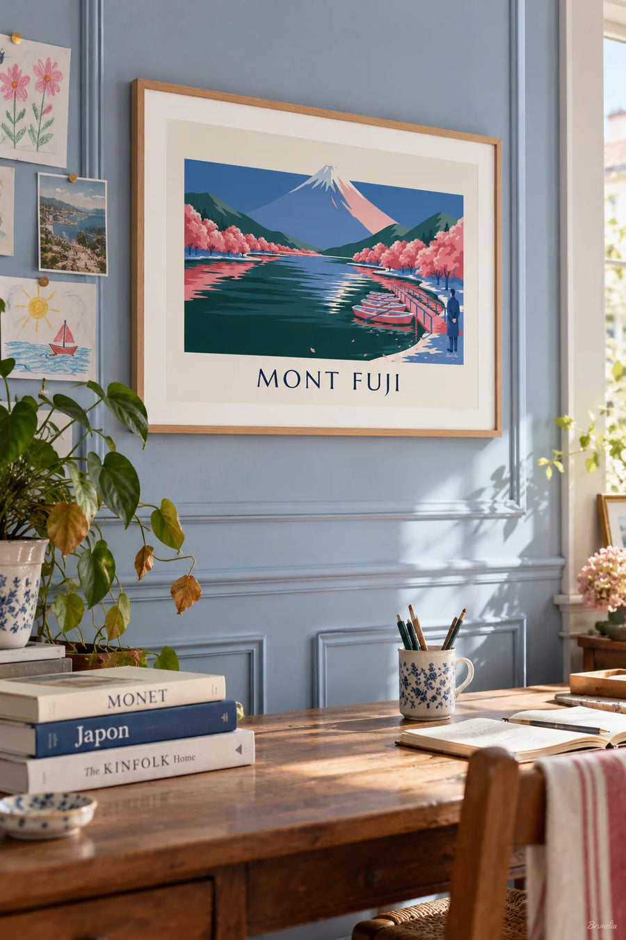 Poster of Mount Fuji, cherry blossoms and boats at the pier: framed on the wall