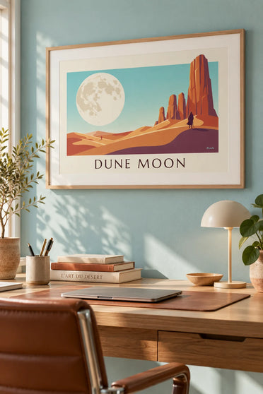 Affiche désert de science-fiction sous une lune géante : encadrée au mur