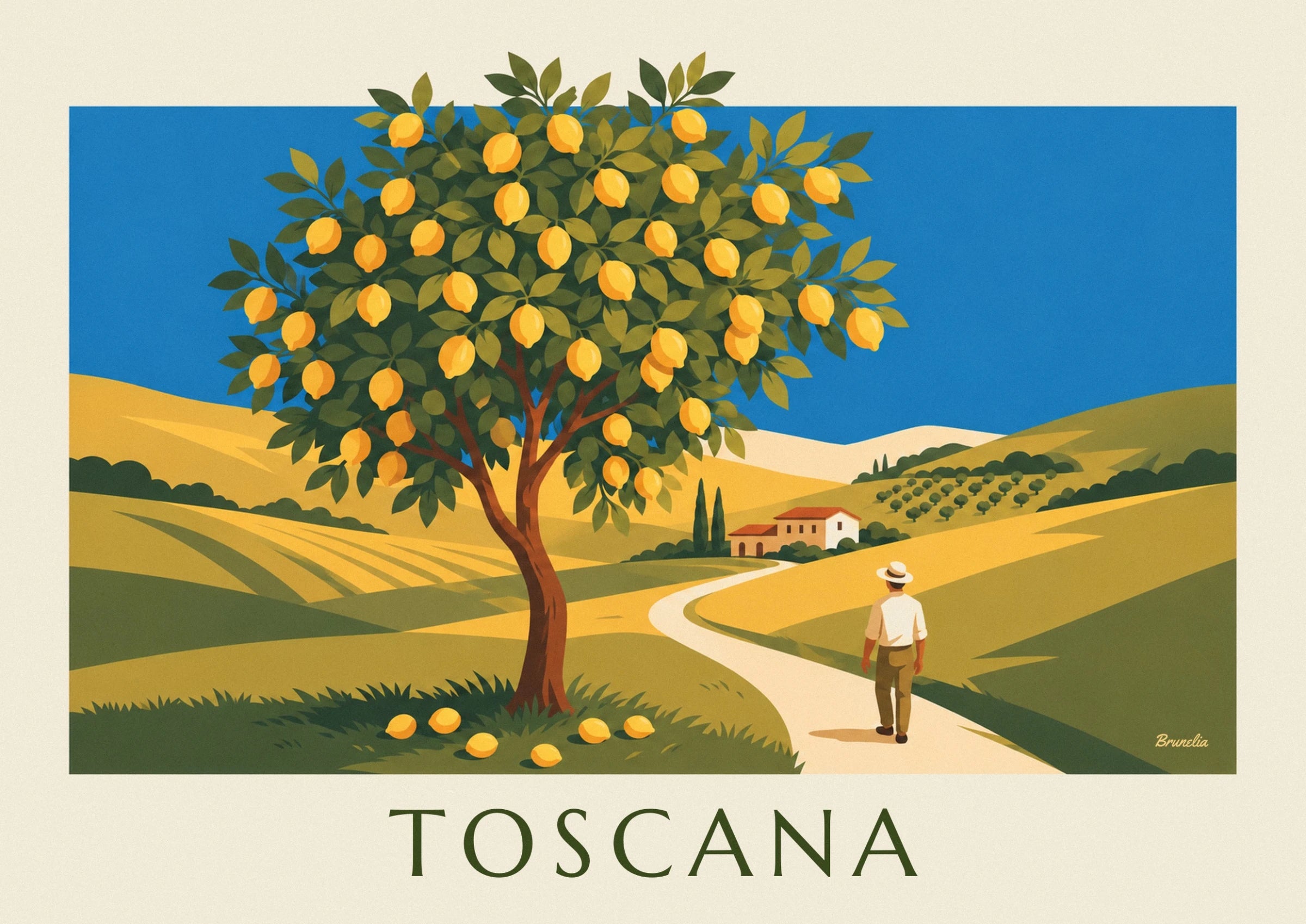 Yellow lemons among the green leaves and brown branches of the lemon tree