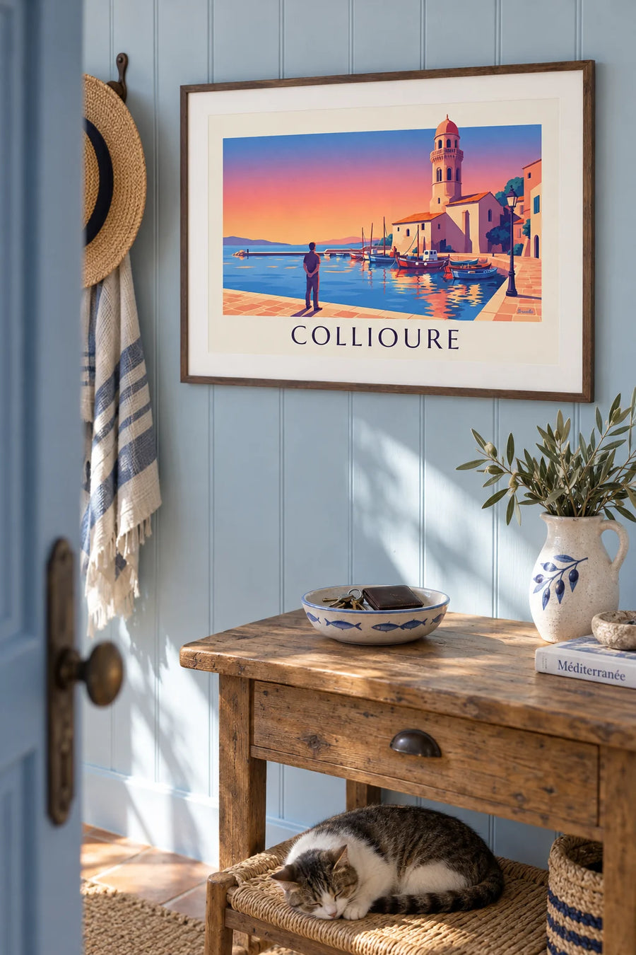 Affiche clocher de Collioure au coucher du soleil : encadrée au mur