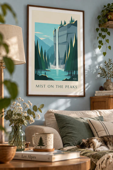 Poster of a waterfall in a misty mountain forest: framed on the wall