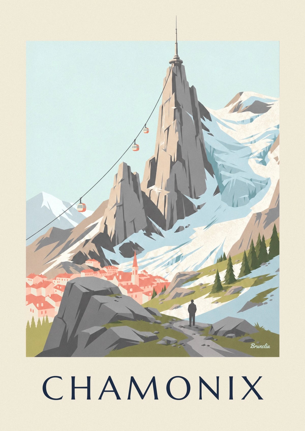 Affiche aiguille du Midi et téléphérique au-dessus de Chamonix