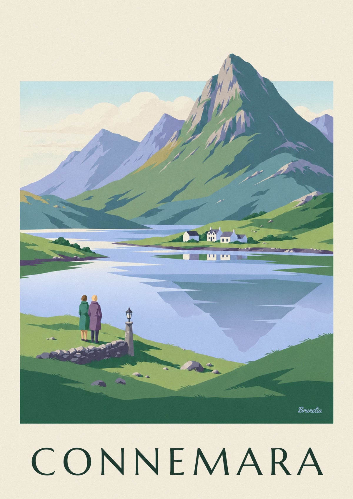 Affiche lac et cottages du Connemara en Irlande
