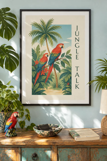 Tropical parrots on a jungle branch poster: framed on the wall