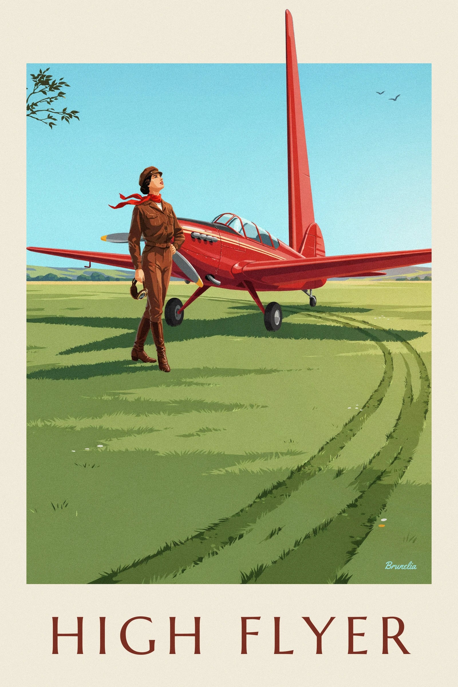 The female pilot in a brown jacket and red scarf, helmet in hand, in front of her red plane
