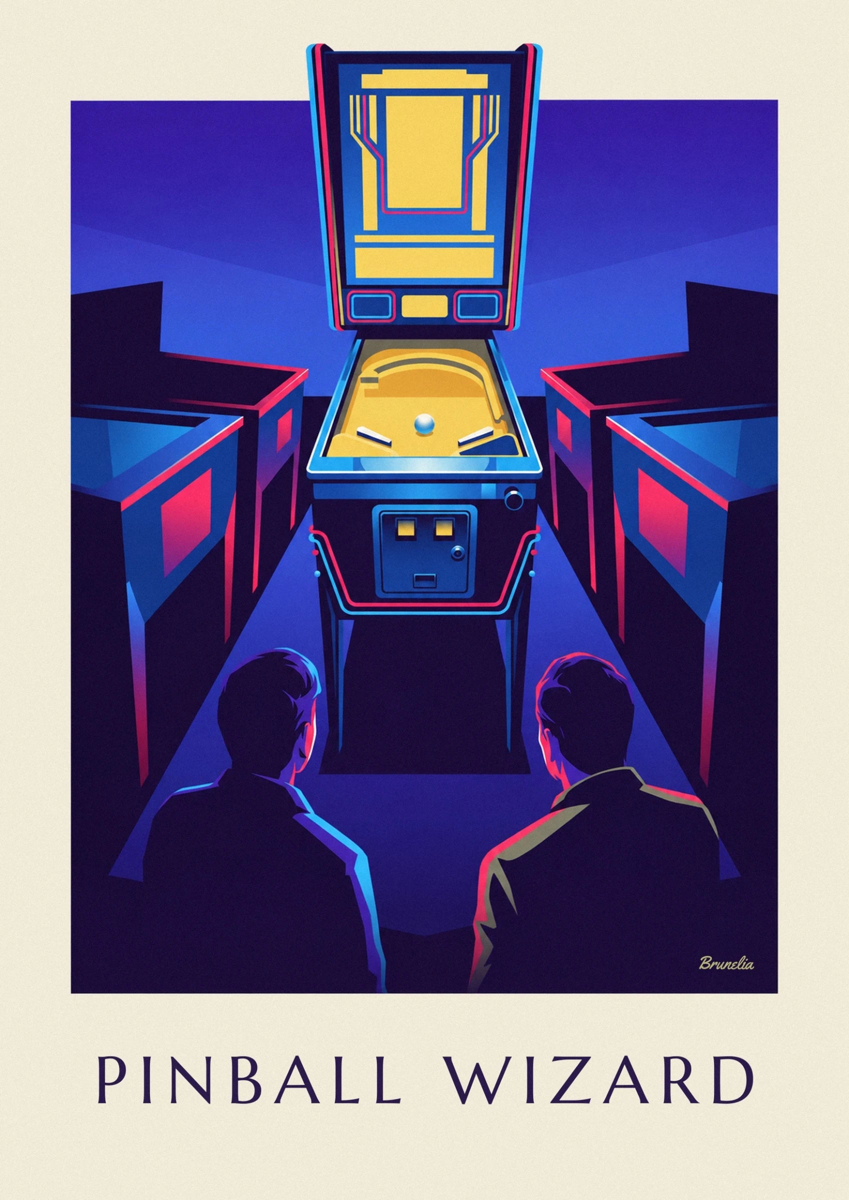 The pinball backboard with yellow patterns outlined in pink and blue