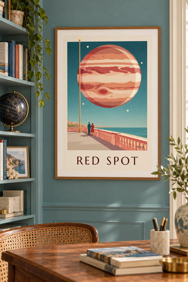 Affiche planète Jupiter et sa grande tache rouge dans le ciel : encadrée au mur