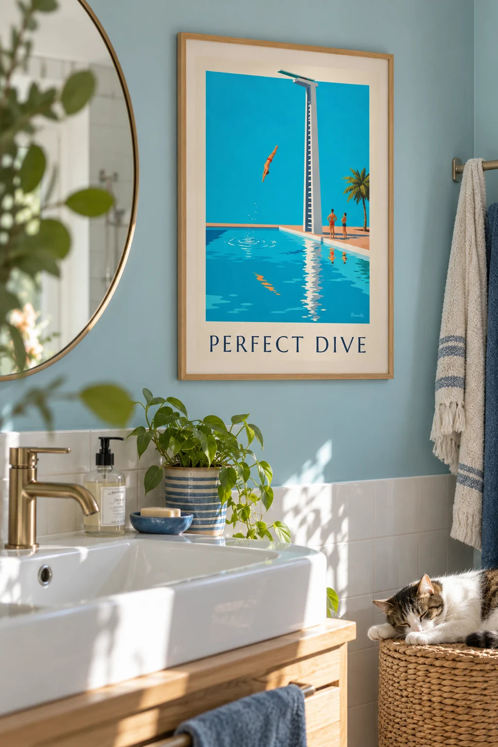 Diver mid-dive above a swimming pool poster on the wall