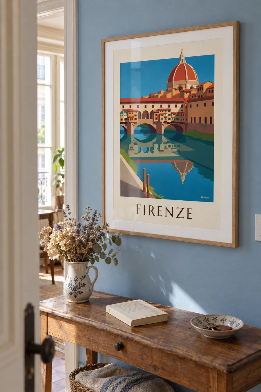 Poster of the Ponte Vecchio and the Arno in Florence: framed on the wall