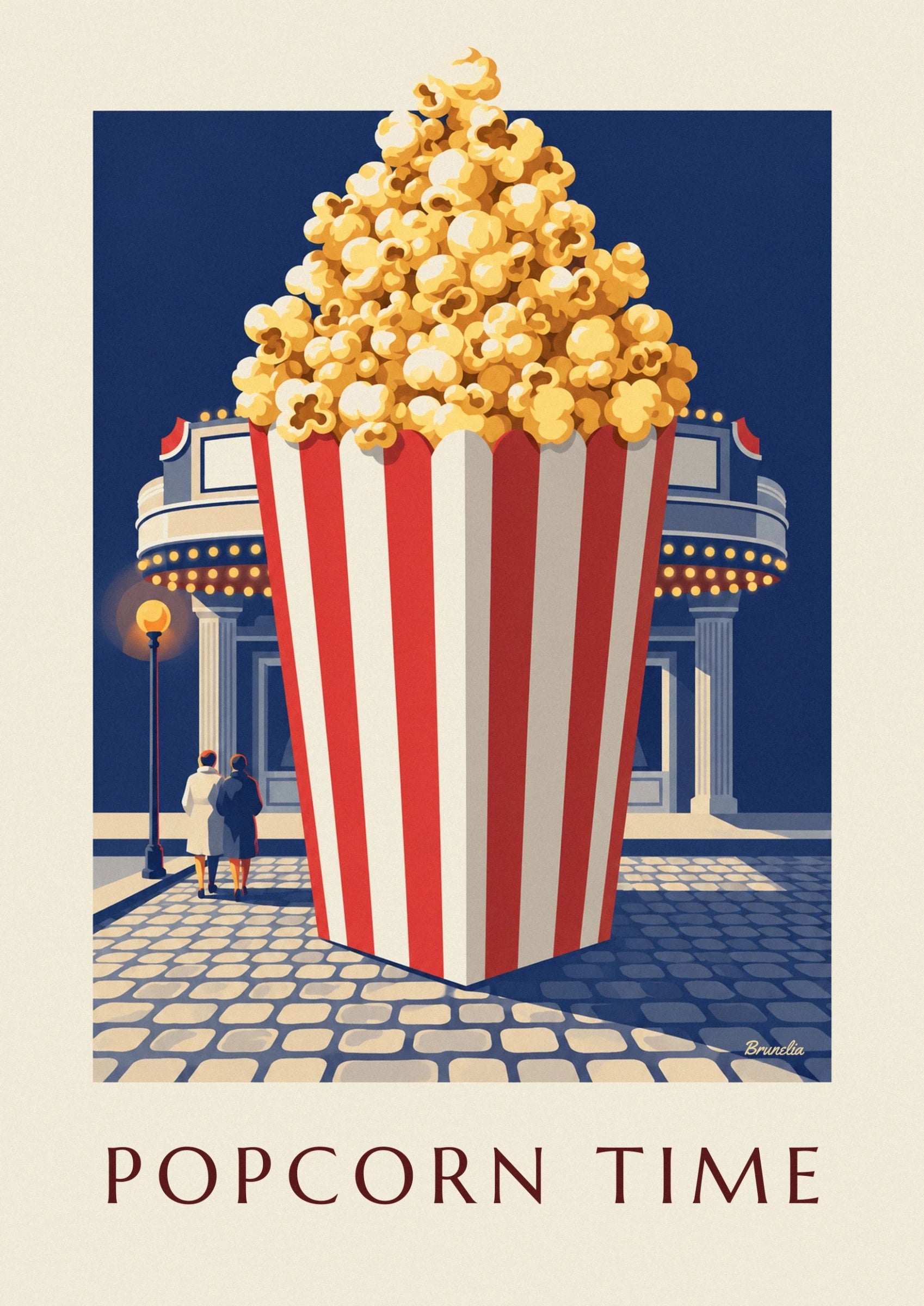Golden popcorn overflowing from the red and white striped bucket