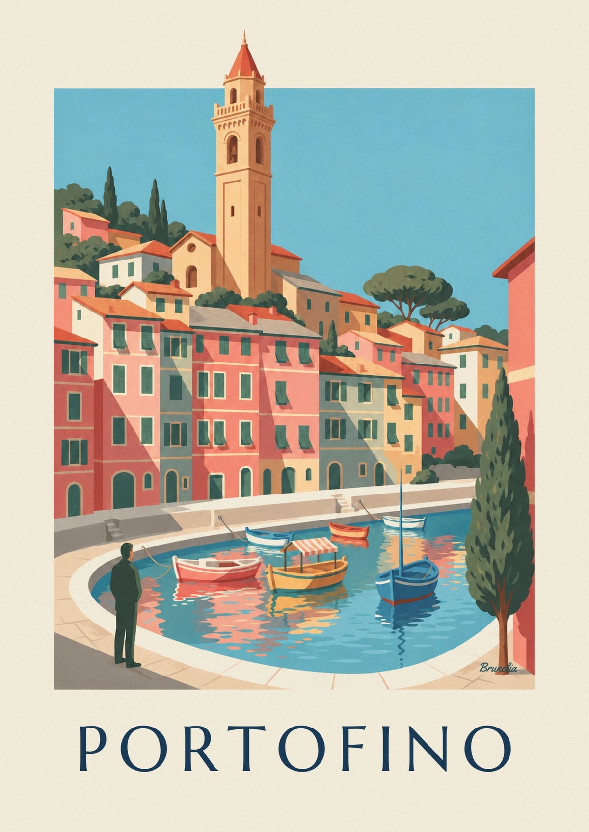 Affiche bateaux colorés dans le port de Portofino