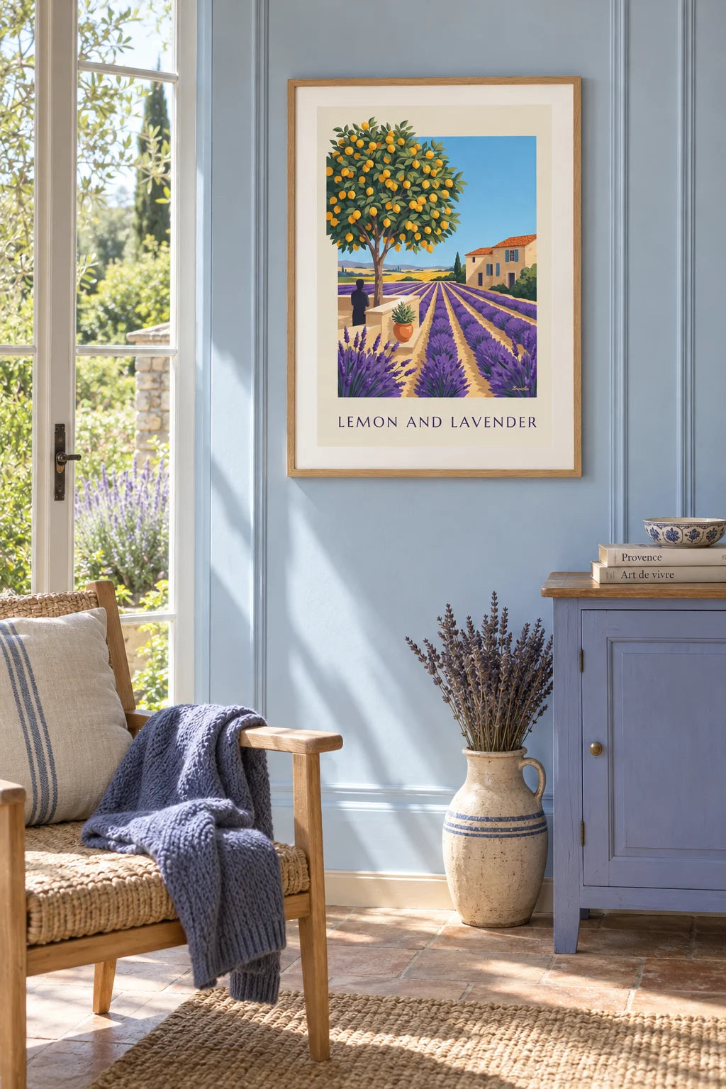 Mise en situation de Affiche lavande, citronnier et maison provençale aux volets bleus