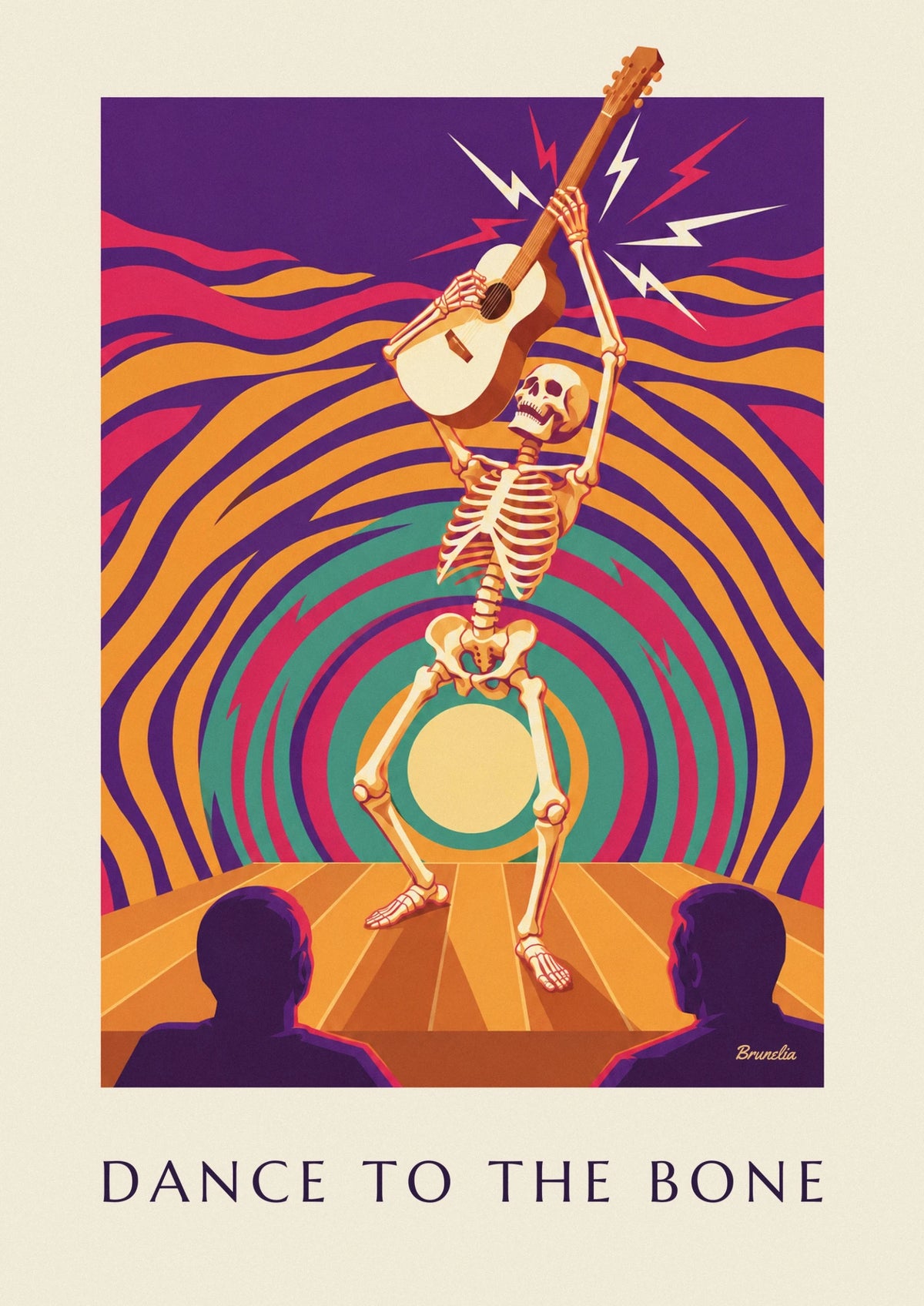 Psychedelic rock night dancing skeleton poster