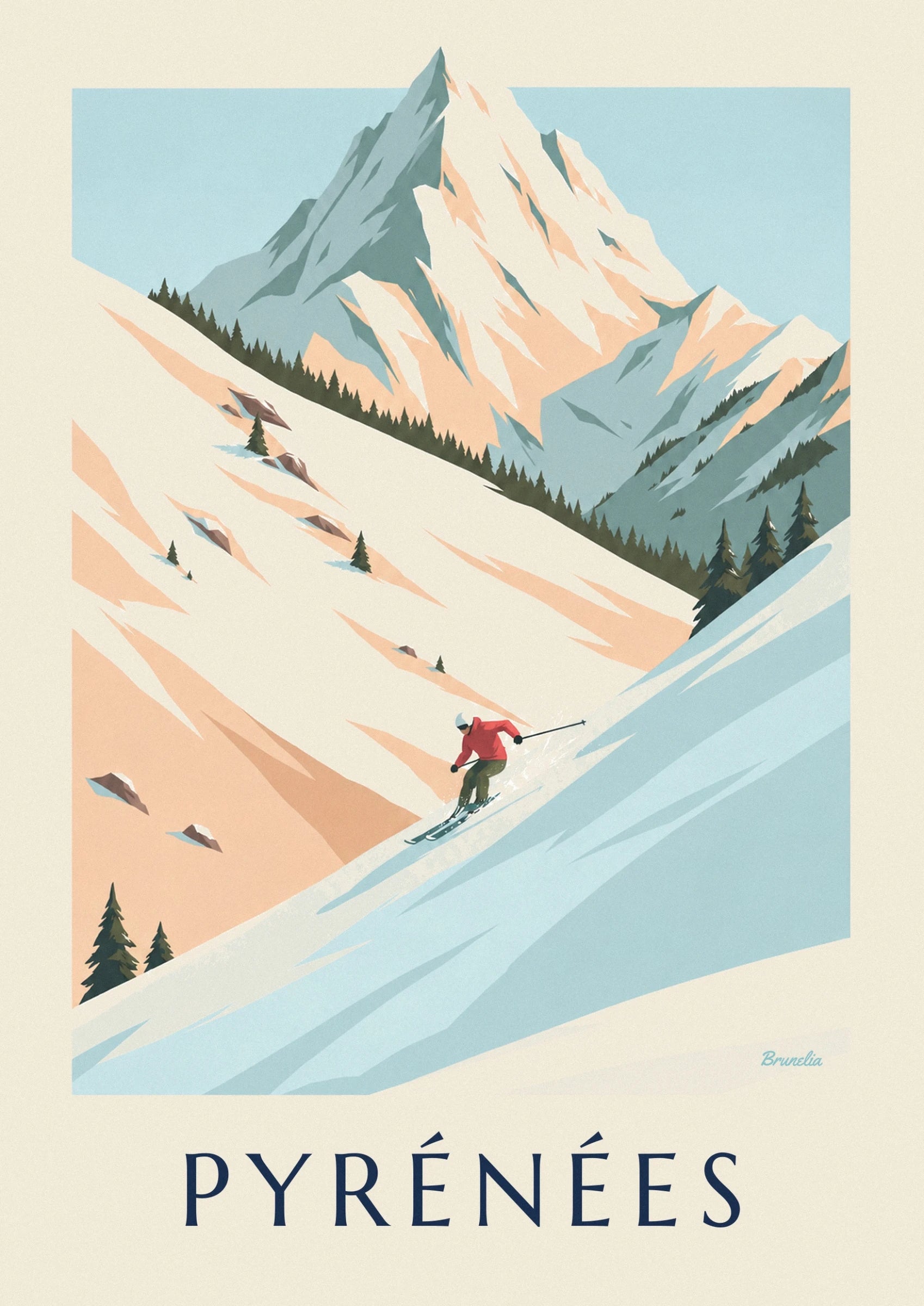 The skier in a red jacket and green trousers, with poles spread out on the snow