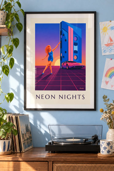 Poster of a disco woman, a giant cassette and a sports car: framed on the wall