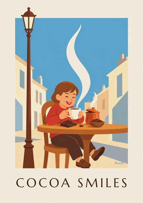Poster of a smiling child with a big cup of hot chocolate: the full poster