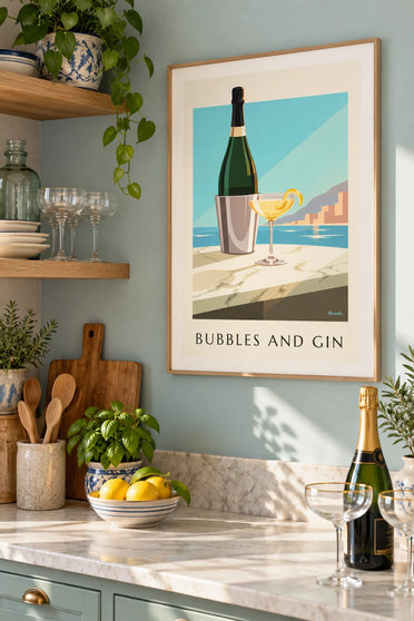 Champagne coupe French 75 cocktail poster : framed on the wall