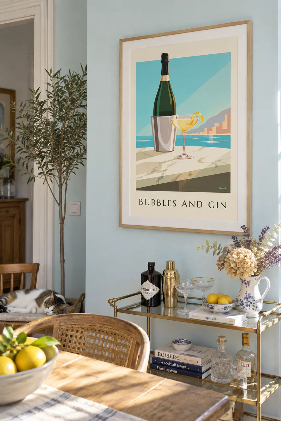 Affiche cocktail French 75 servi en coupe de champagne : encadrée au mur