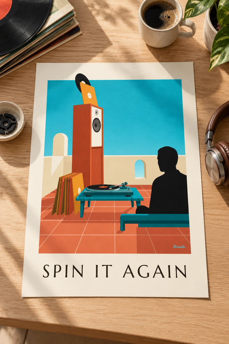 Poster of a turntable and spinning vinyl record: placed on a table