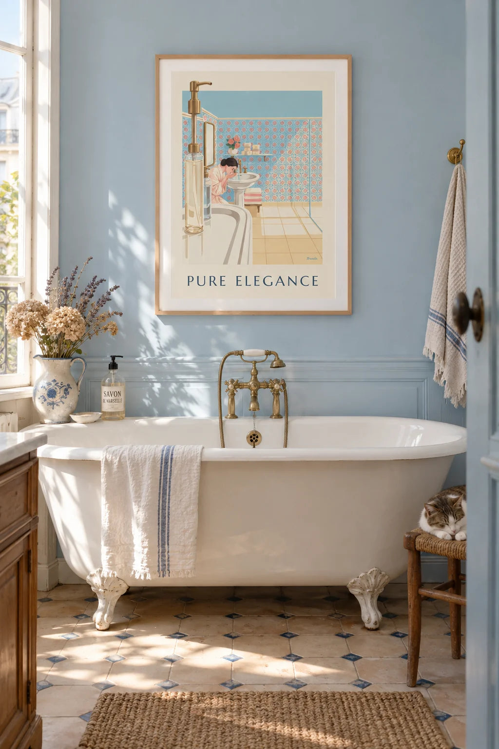 Mise en situation de Affiche salle de bain ensoleillée, savons et lavabo en porcelaine