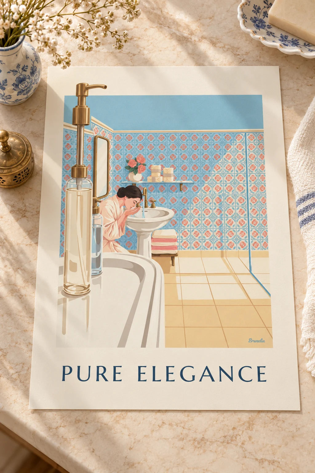 Bathroom: Sunny bathroom with soaps and porcelain sink poster on the wall