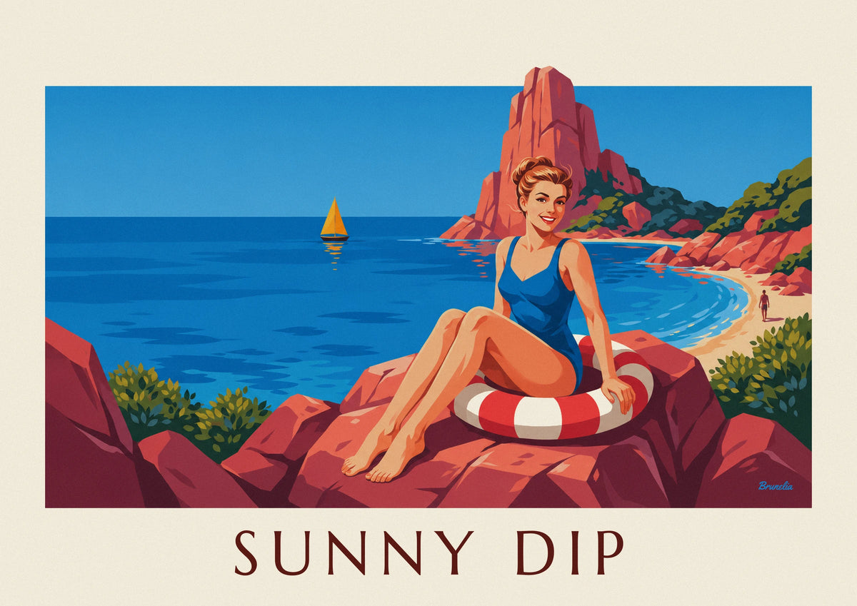 Pin-up in blue swimsuit on red rocks by the sea poster